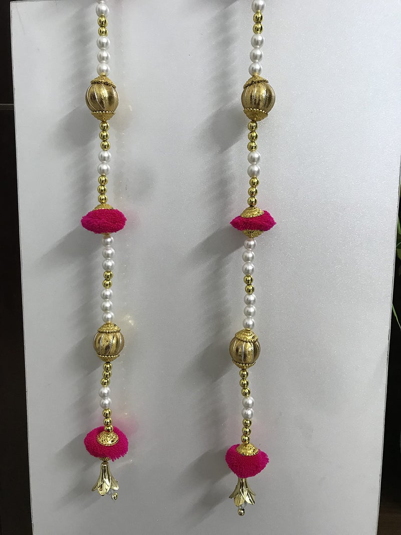 Aahum Handmade Wall Door 6 FT.4 Strings Pink Pom Pom with White Pearl Golden Beads Hanging Torans Garland Bandhwar Decoration Item for Home Décor Diwali Festival, Navratri, Wedding (6 FT 4 Strings - Image 3