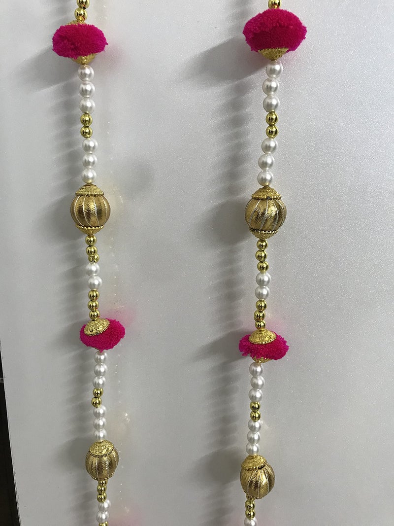 Aahum Handmade Wall Door 6 FT.4 Strings Pink Pom Pom with White Pearl Golden Beads Hanging Torans Garland Bandhwar Decoration Item for Home Décor Diwali Festival, Navratri, Wedding (6 FT 4 Strings - Image 4