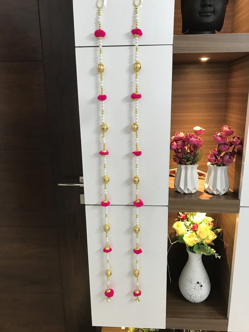 Aahum Handmade Wall Door 6 FT.4 Strings Pink Pom Pom with White Pearl Golden Beads Hanging Torans Garland Bandhwar Decoration Item for Home Décor Diwali Festival, Navratri, Wedding (6 FT 4 Strings - Image 2