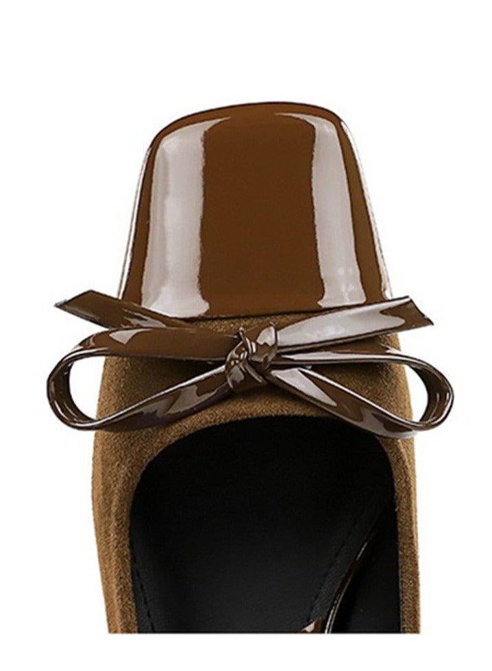 BIGTREE Women's Closed Square Toe Mid Heel Pump Bowknot Decoration Heels Brown 5CM - Image 4