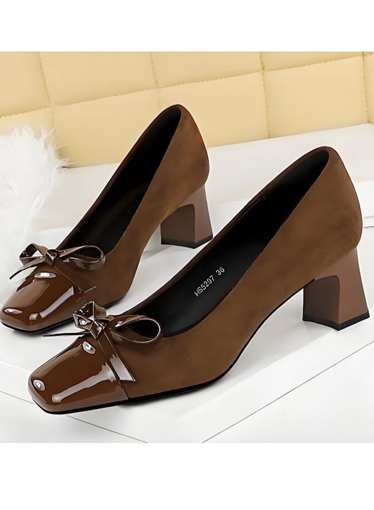 BIGTREE Women's Closed Square Toe Mid Heel Pump Bowknot Decoration Heels Brown 5CM - Image 1