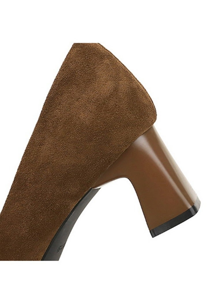 BIGTREE Women's Closed Square Toe Mid Heel Pump Bowknot Decoration Heels Brown 5CM - Image 5