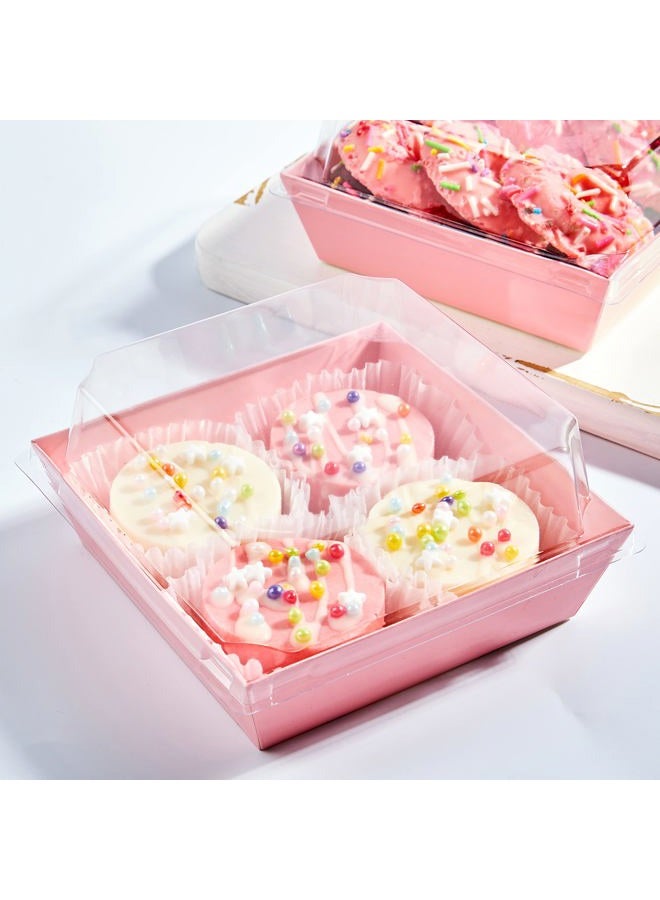Ocmoiy Pink Charcuterie Boxes with Clear Lids 4x4 Inch, 100 Pack Square Kraft Bakery Cake Slice Boxes with Window, Dessert To Go Containers (100) - Image 5