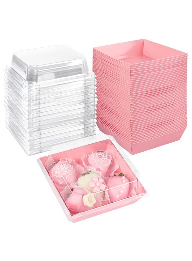 Ocmoiy Pink Charcuterie Boxes with Clear Lids 4x4 Inch, 100 Pack Square Kraft Bakery Cake Slice Boxes with Window, Dessert To Go Containers (100) - Image 1