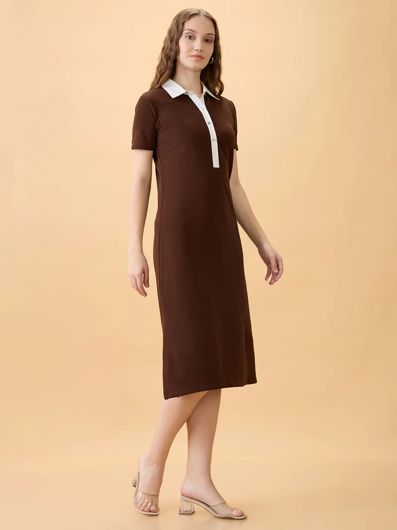 globus Globus Women Brown Collared Neck Short Sleeves Self Design Side Slits Midi Workwear Shirt Dress