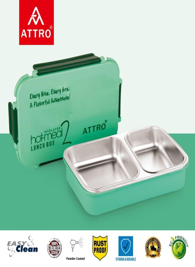 ATTRO علبة طعام معزولة ATTRO Hot-Meal 2، مزودة بحجرتين، داخلية من الفولاذ المقاوم للصدأ وغطاء محكم الإغلاق، خالية من مادة BPA وآمنة للاستخدام مع الطعام، مثالية للمدرسة والمكتب - 800 مل، لون أخضر - Image 3