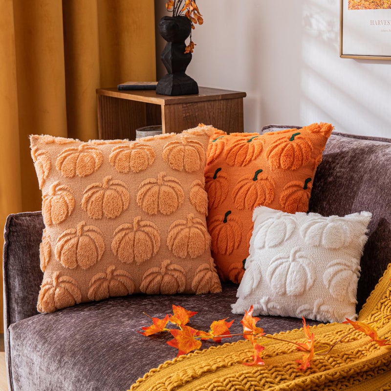 Cosibono Pumpkin Fall Decorative Displow Covering 18 "" x18 "مجموعة من أغطية وسادة الفراء الخضراء الخضراء الناعمة لحصاد الخريف فخم ولوكينات وسادة مزرعة هالوين ديكور - Image 5