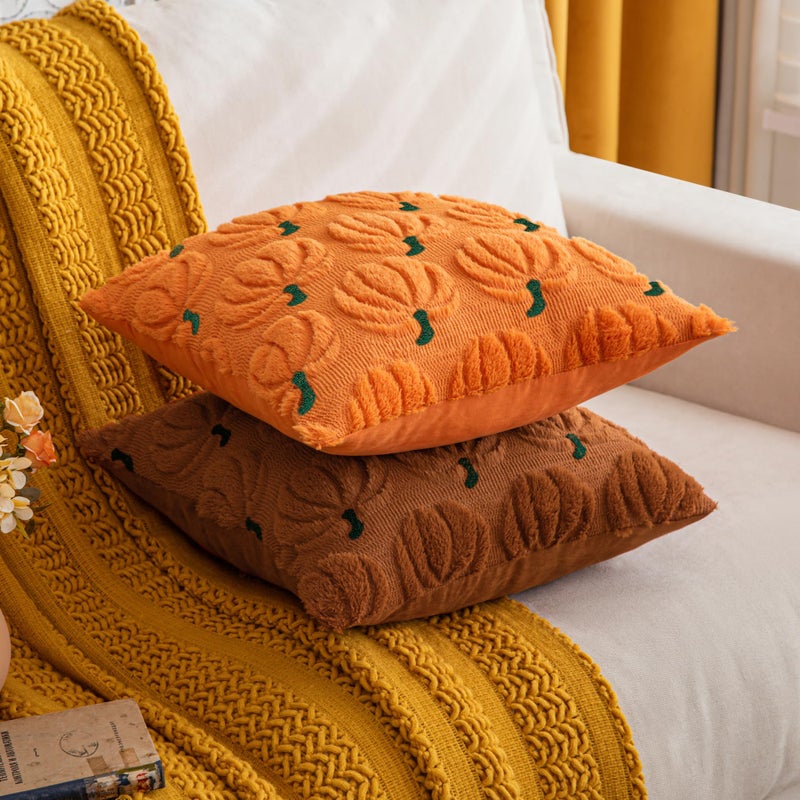 Cosibono Pumpkin Fall Decorative Displow Covering 18 "" x18 "مجموعة من أغطية وسادة الفراء الخضراء الخضراء الناعمة لحصاد الخريف فخم ولوكينات وسادة مزرعة هالوين ديكور - Image 2