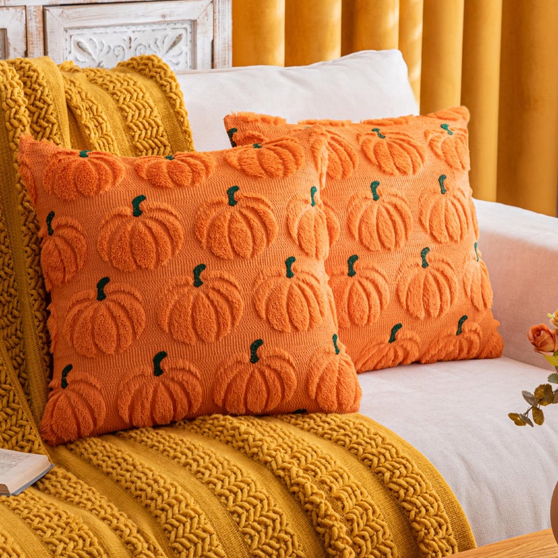 Cosibono Pumpkin Fall Decorative Displow Covering 18 "" x18 "مجموعة من أغطية وسادة الفراء الخضراء الخضراء الناعمة لحصاد الخريف فخم ولوكينات وسادة مزرعة هالوين ديكور - Image 1