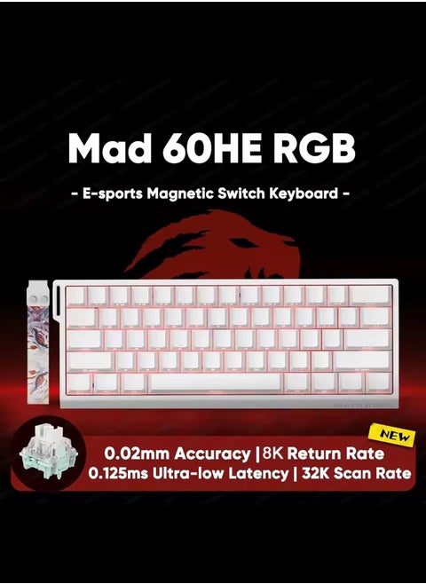 Mad60HE RGB Mechanical Keyboard Magnetic Switches Hot Swap Customized 8KHZ FPS Gaming Keyboard with Adjustable Actuation, 8000 Hz Polling Rate, Rapid Trigger Mode, Hall Effect Switches, for PC/Mac,WHITE
