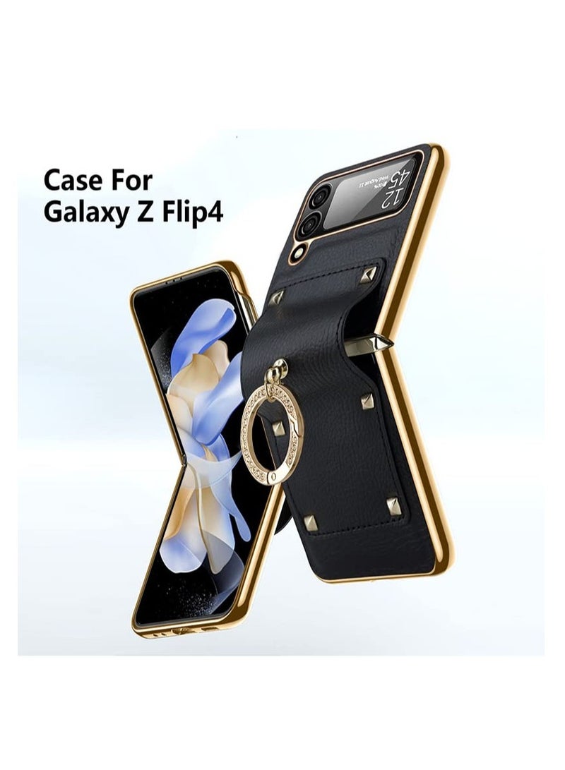 SYOSI for Samsung Galaxy Z Flip 4 5G Case with Ring, Faux Leather Plating Frame Small Screen Protection Luxurious Beauty Shock Resistant Scratch Proof Hard Case (Black) - Image 2