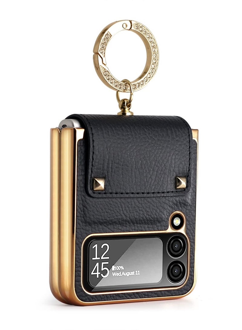 SYOSI for Samsung Galaxy Z Flip 4 5G Case with Ring, Faux Leather Plating Frame Small Screen Protection Luxurious Beauty Shock Resistant Scratch Proof Hard Case (Black) - Image 1