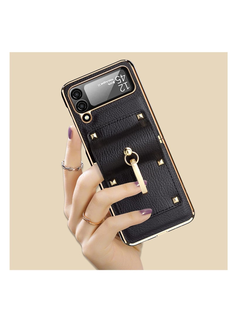 SYOSI for Samsung Galaxy Z Flip 4 5G Case with Ring, Faux Leather Plating Frame Small Screen Protection Luxurious Beauty Shock Resistant Scratch Proof Hard Case (Black) - Image 3