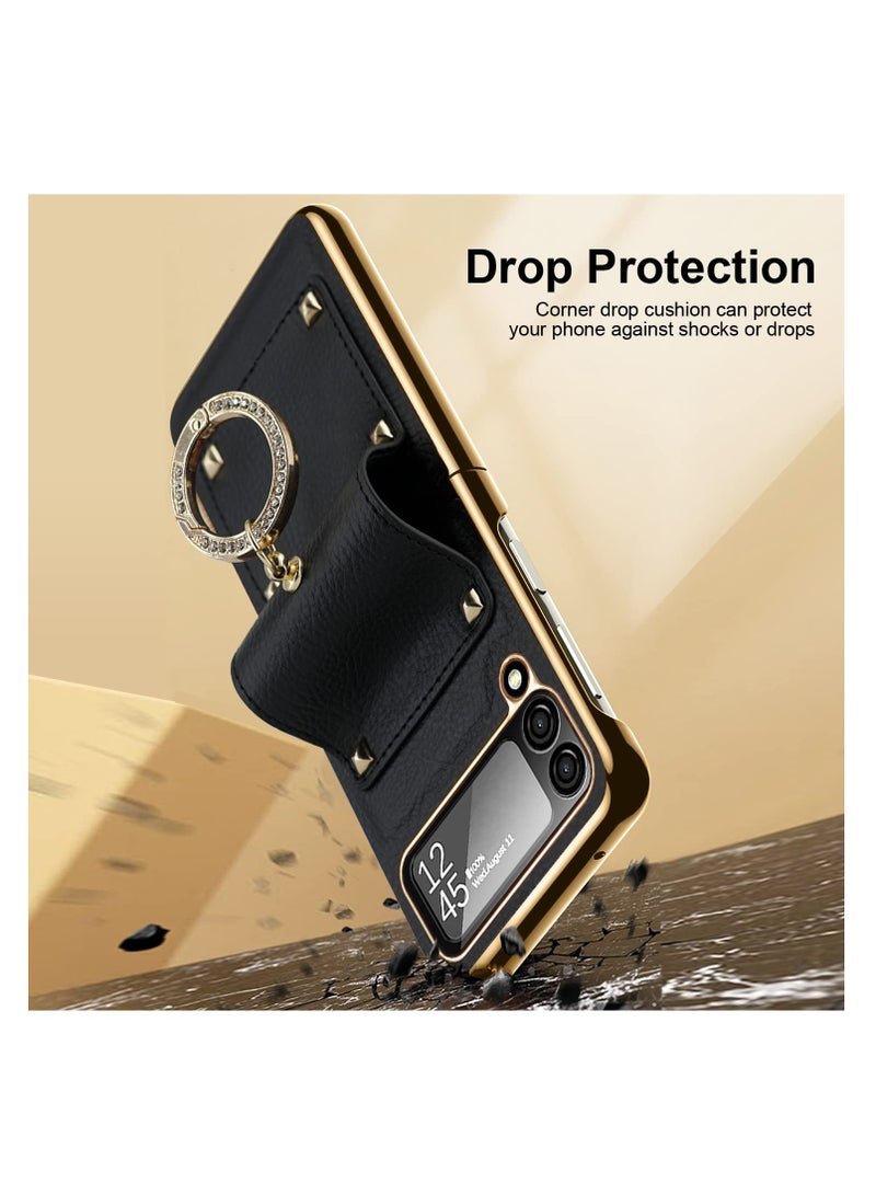 SYOSI for Samsung Galaxy Z Flip 4 5G Case with Ring, Faux Leather Plating Frame Small Screen Protection Luxurious Beauty Shock Resistant Scratch Proof Hard Case (Black) - Image 5