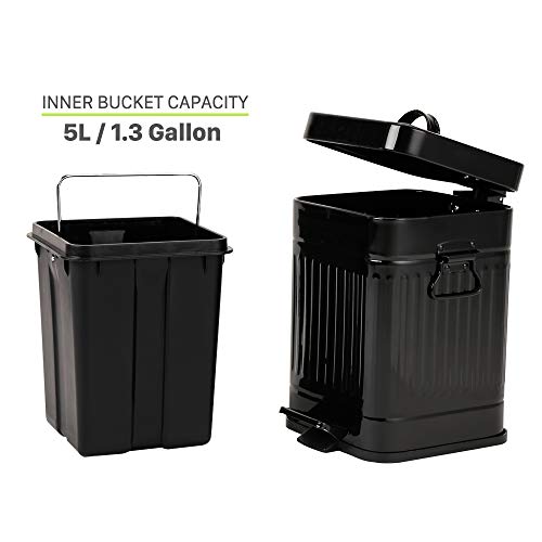 mingol Bathroom Trash Can with Lid, Small Garbage Bin for Home Bedroom, Retro Step Wastebasket with Soft Close, Vintage Metal Office Trash Can, 5 Liter/ 1.3 Gallon, Glossy Black - Image 3