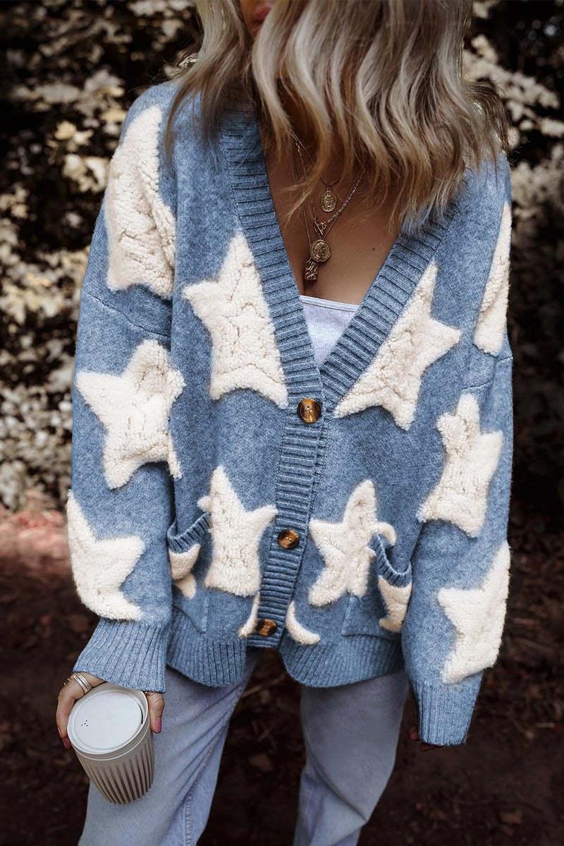 KevaMolly Womens Cardigan Sweater Blue Sherpa Star Pattern Textured Sweater Cardigan with Pockets Stars Casual Knit Coat S - Image 4