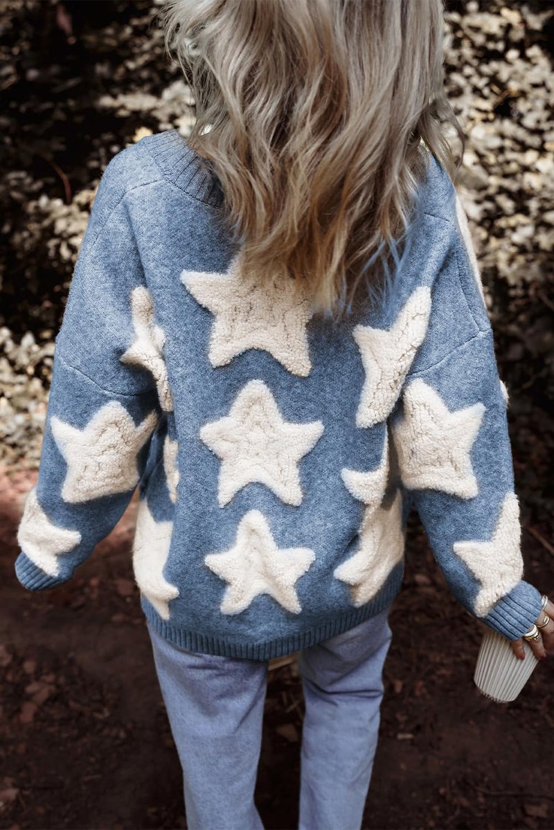 KevaMolly Womens Cardigan Sweater Blue Sherpa Star Pattern Textured Sweater Cardigan with Pockets Stars Casual Knit Coat S - Image 5