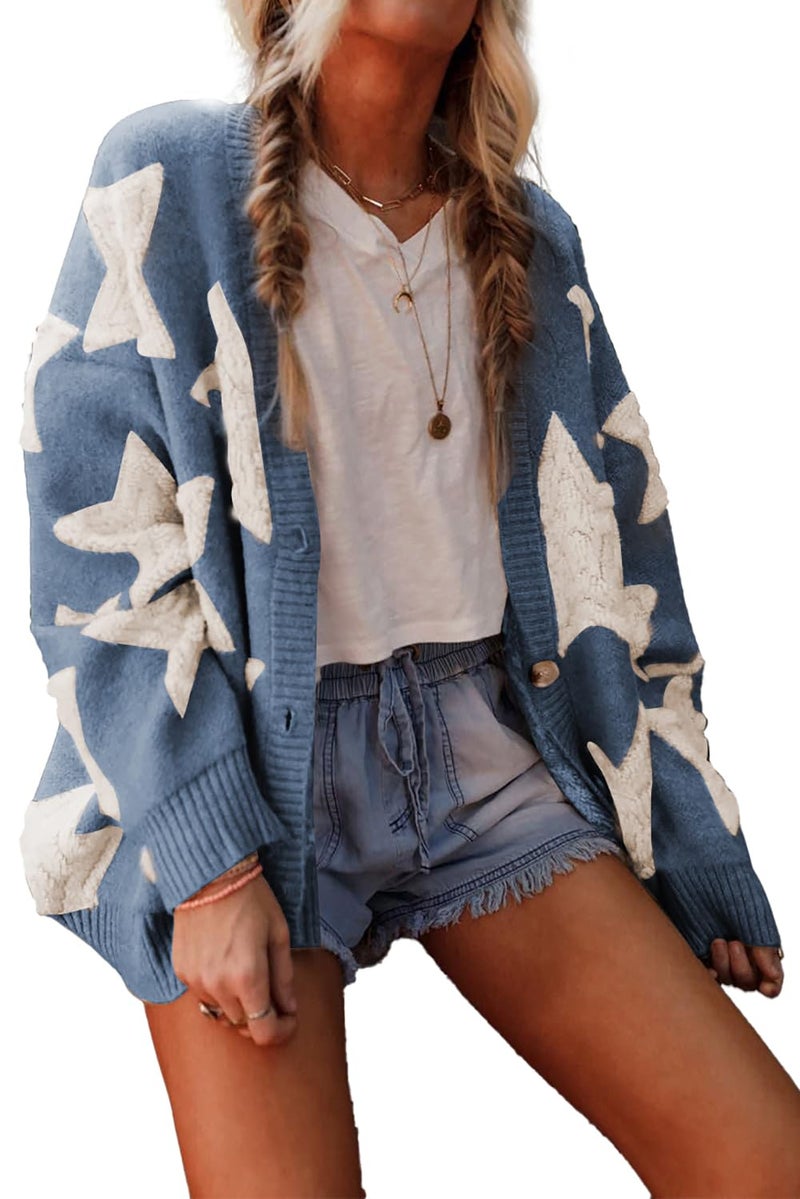 KevaMolly Womens Cardigan Sweater Blue Sherpa Star Pattern Textured Sweater Cardigan with Pockets Stars Casual Knit Coat S - Image 1