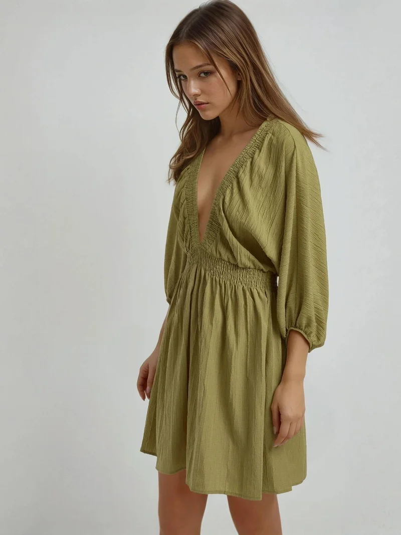 HICCUP Textured V-Neck Long Sleeve Mini Dress