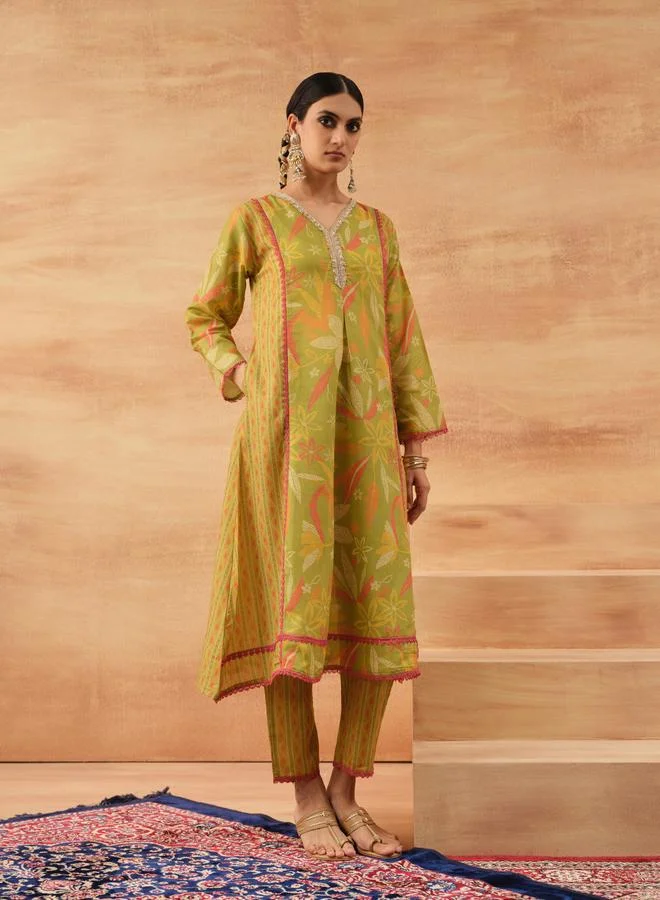 آي شين طقم تونيك نسائي أخضر قطني مطبوع مع بنطلون بالازو واسع بطول الكاحل قطعتين