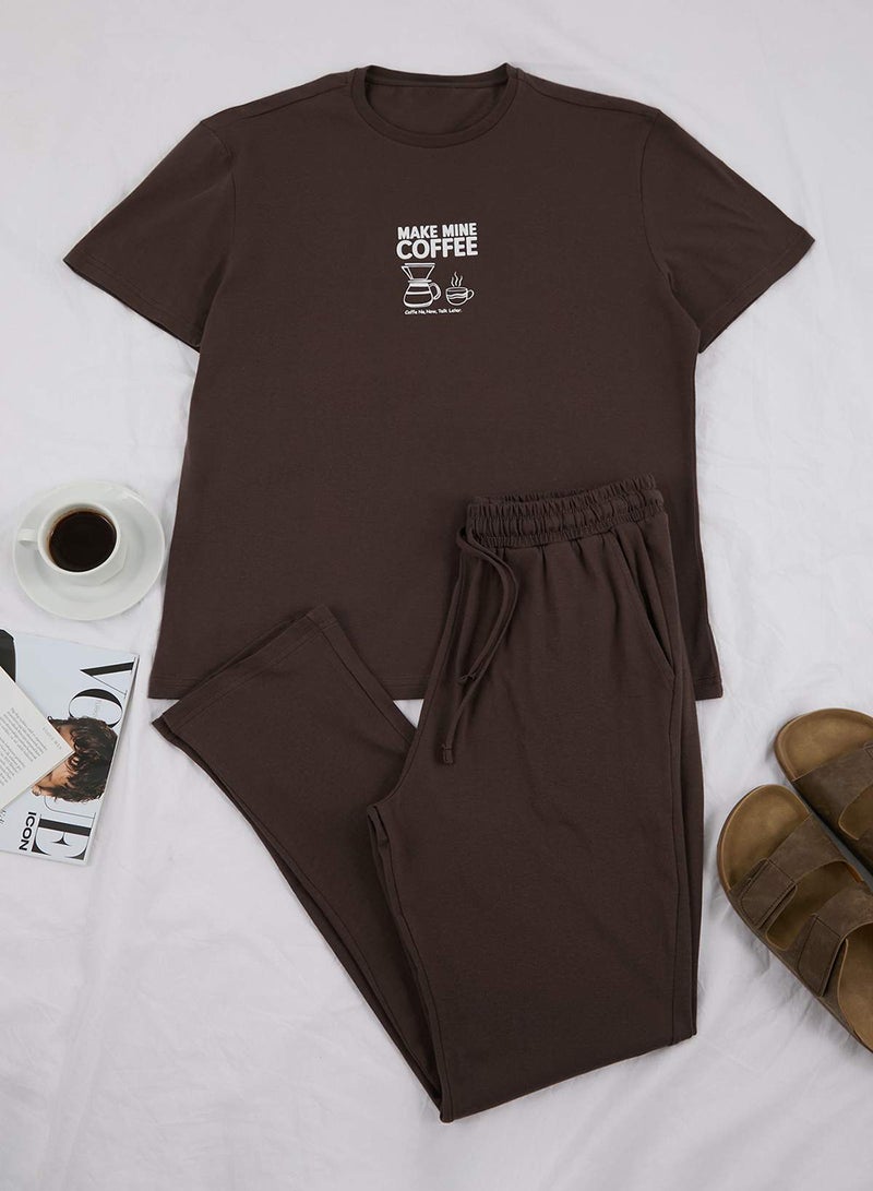 trendyol Brown Regular Slogan Loungewear Pajama Set TMNSS26PT00002 - Image 4