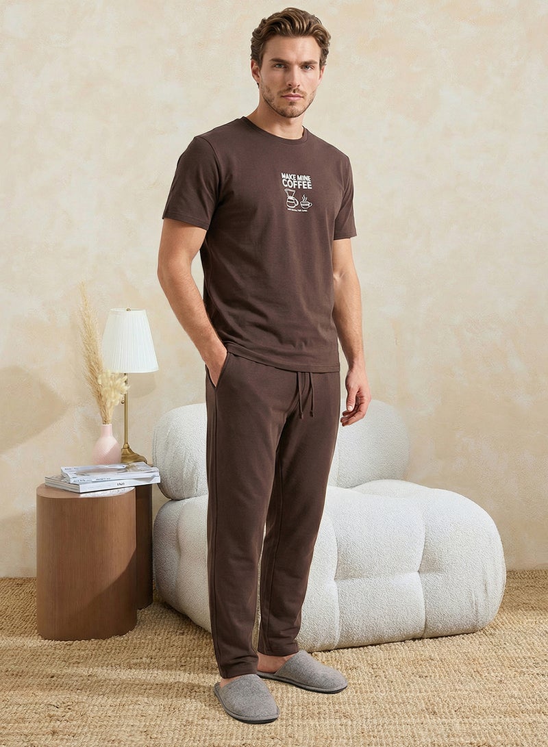 trendyol Brown Regular Slogan Loungewear Pajama Set TMNSS26PT00002 - Image 2
