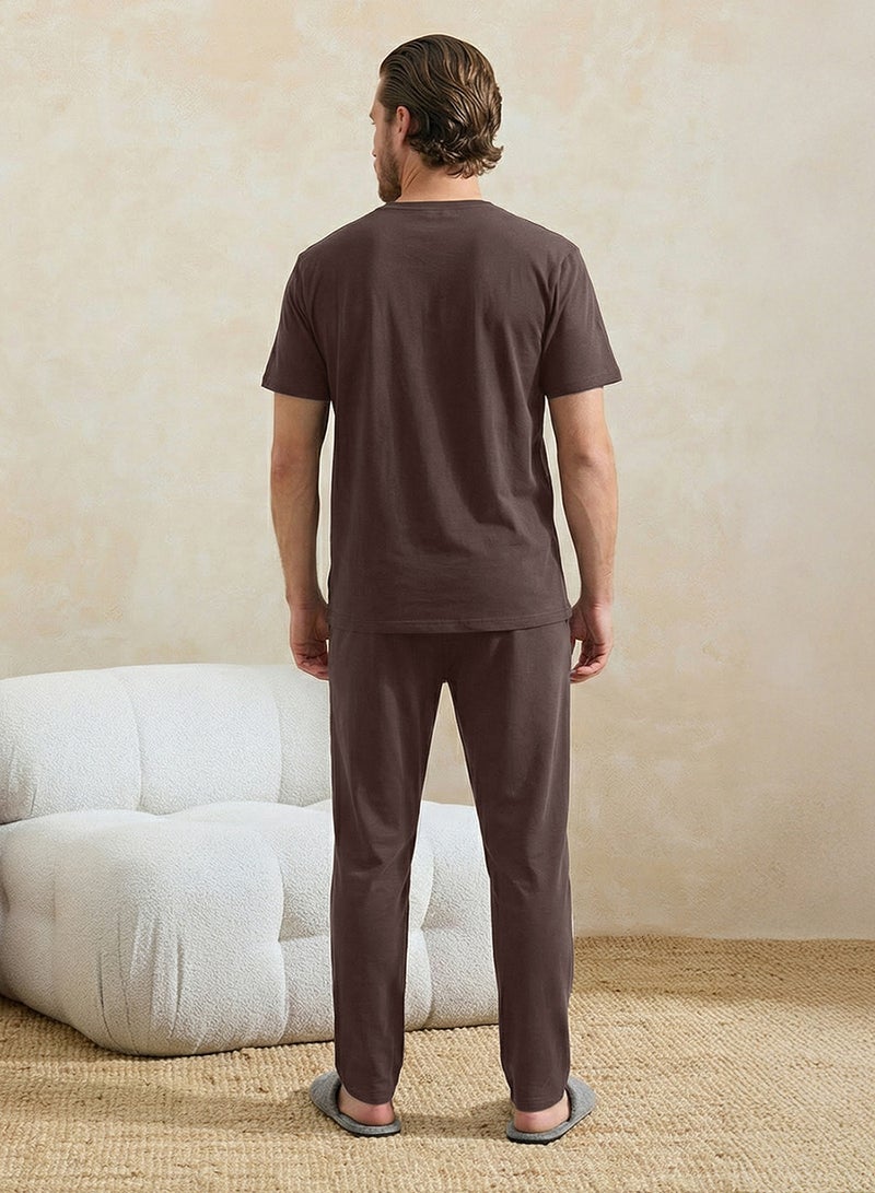 trendyol Brown Regular Slogan Loungewear Pajama Set TMNSS26PT00002 - Image 3