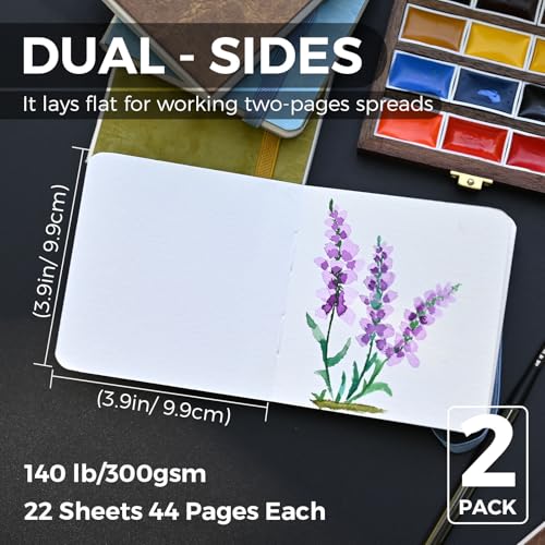 Funto Watercolor Journal 2Pack 39x39 44 Pages EachHotPressed 100 Cotton PU Leather Green Hard Cover Art Supplies for Mixed Media - Image 3