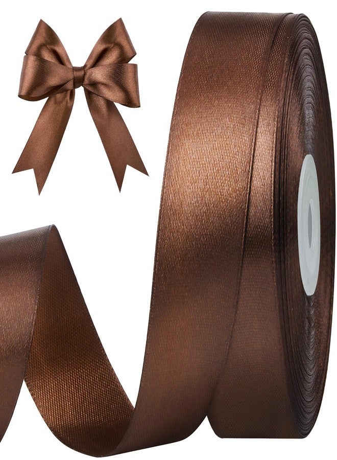 CLUEWR 1 Inch 50 Yards Brown Satin Ribbon, Solid Fabric Ribbon Roll for Flower Bouquets, Gift Wrapping, Wedding, Handmade Crafts - Image 1