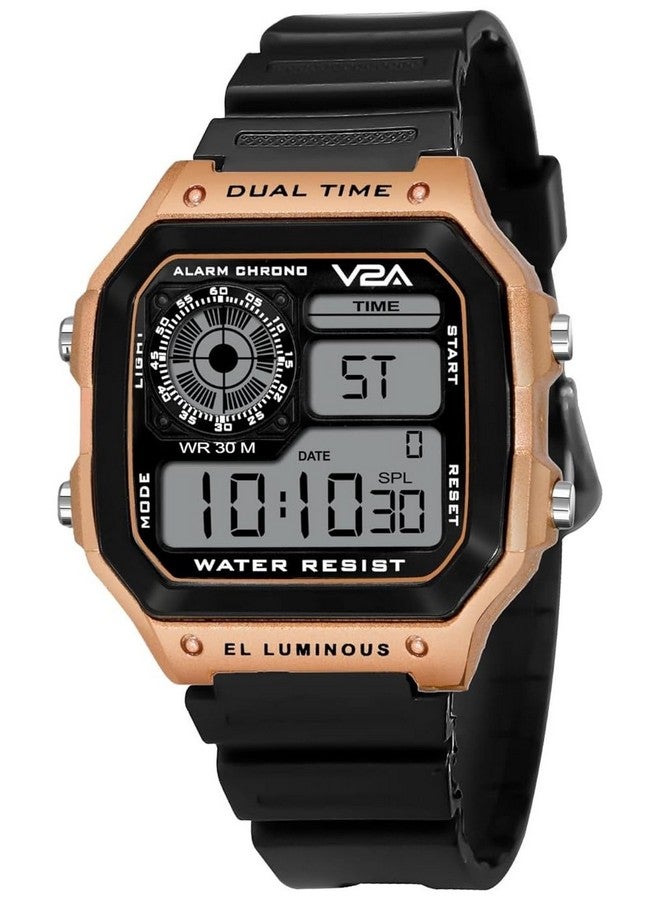 V2A V2A Resin Chronograph Ultra-Thin Unisex Multi Function Digital Sports Watch (Black Dial-Gold), Black Band - Image 1