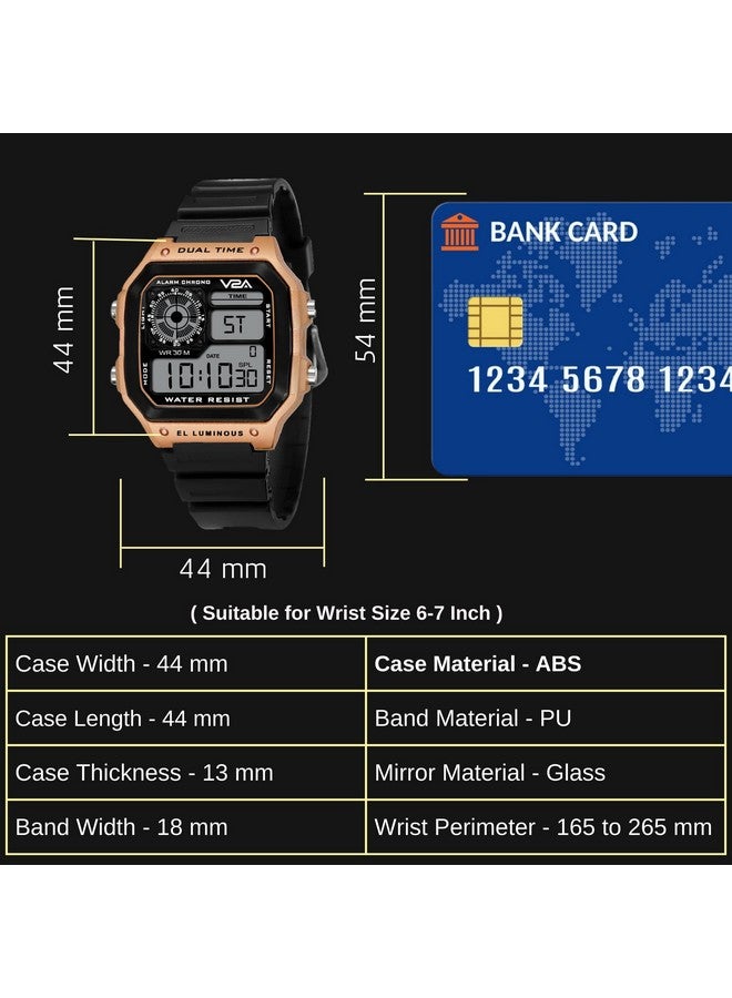 V2A V2A Resin Chronograph Ultra-Thin Unisex Multi Function Digital Sports Watch (Black Dial-Gold), Black Band - Image 2