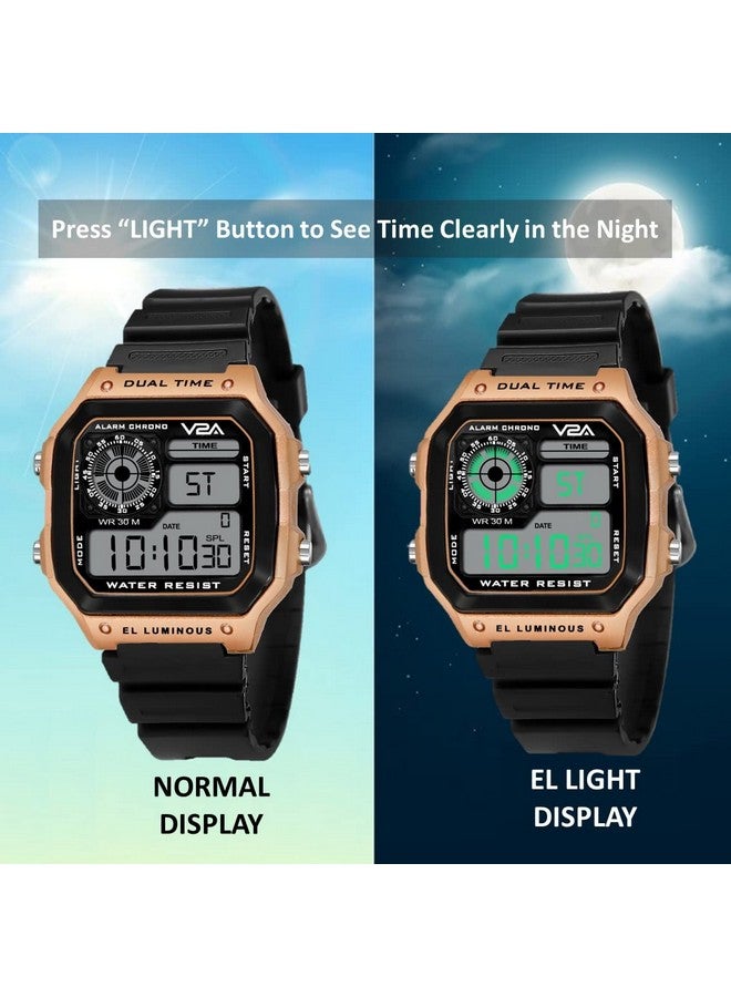 V2A V2A Resin Chronograph Ultra-Thin Unisex Multi Function Digital Sports Watch (Black Dial-Gold), Black Band - Image 5