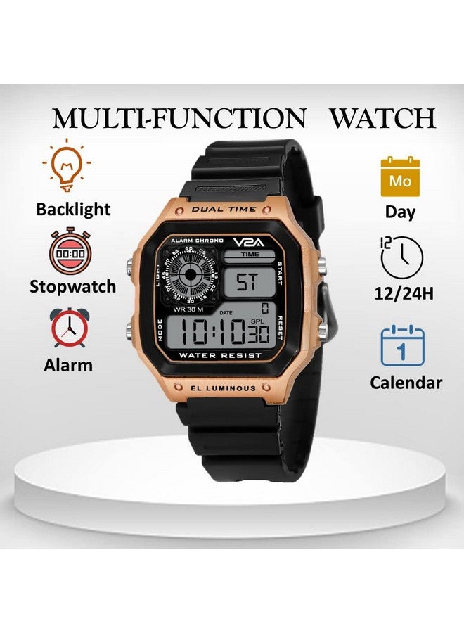 V2A V2A Resin Chronograph Ultra-Thin Unisex Multi Function Digital Sports Watch (Black Dial-Gold), Black Band - Image 4
