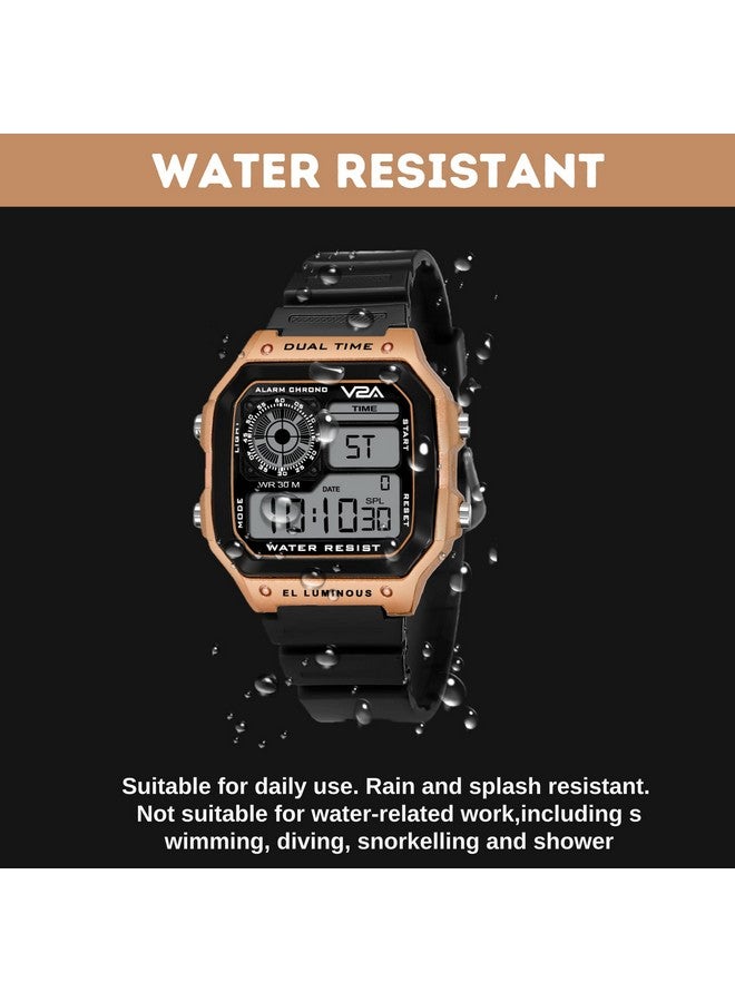 V2A V2A Resin Chronograph Ultra-Thin Unisex Multi Function Digital Sports Watch (Black Dial-Gold), Black Band - Image 3