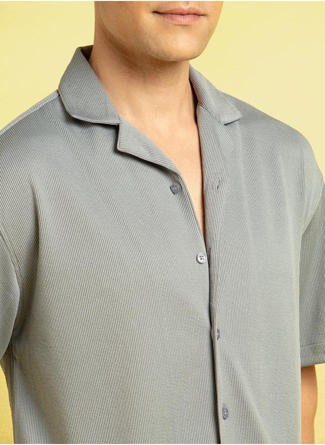 Grey Relaxed Fit Cuban Collar Half Sleeve Shirt For Men Crafted From High Quality Fabric Quality 100%