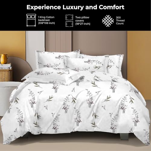 Plumora 100% Cotton Bed Sheet for King Size Bed 300 TC, 1 King Size Bed Sheet (108x108 Inches) with 2 Pillow Covers, Premium Bedsheet for Double Bed King Size (White, Orchid Mist) - Image 2