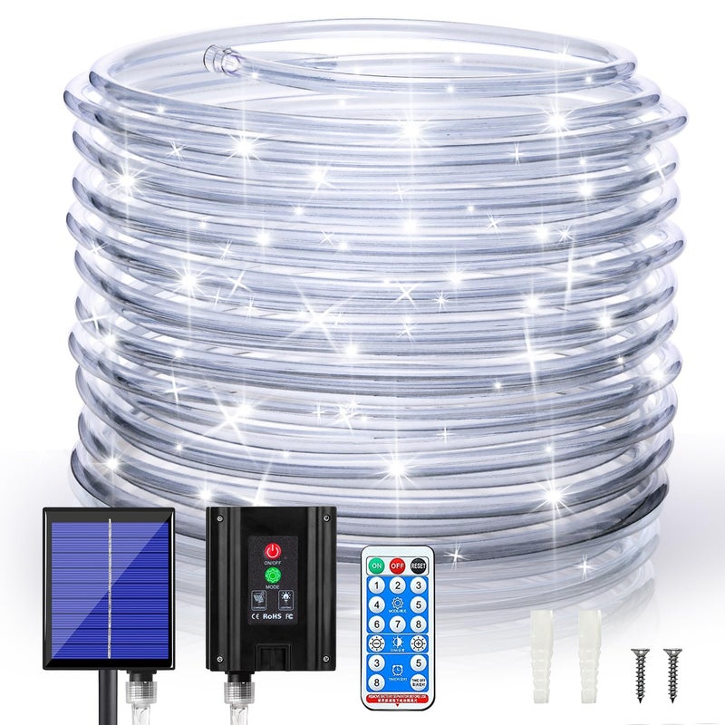 ANJAYLIA Solar Outdoor Rope Lights 66ft 200leds Solar Powered Rope Lights Outdoor 8 Modes DimmableTimer Remote String Light 37V1200mAh Rope Solar Lights Outdoor Waterproof for Garden Decor White