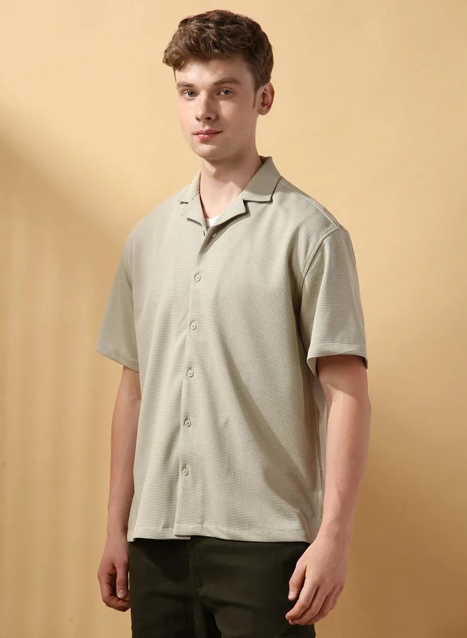 Dennis Lingo Sage 100 % Poly Textured Pattern Relaxed Fit Shirts for Men with Cuban Collar Neckline Half Sleeves Regular Length Upper Body Wear Button Down Button Closure Woven Weave - Perfect for Lifestyle Occasions