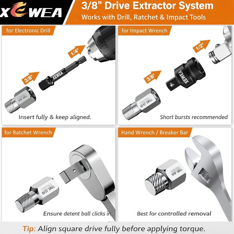 XEWEA 22PCS 3/8" Drive Screw Extractor Set, Multi-Spline Easy Out Bolt Remover Kit for Stripped Broken Bolts, Nuts & Screws, Heavy-Duty CR-MO Extraction Tools with Extension & Adapter Accessories - Image 4