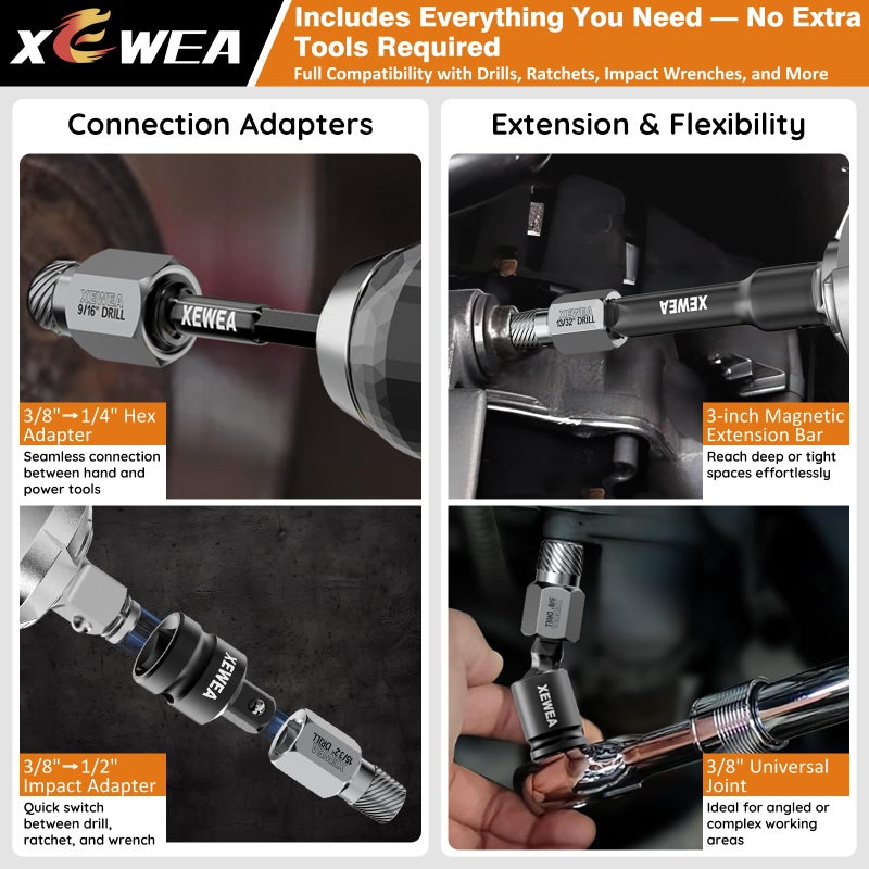 XEWEA 22PCS 3/8" Drive Screw Extractor Set, Multi-Spline Easy Out Bolt Remover Kit for Stripped Broken Bolts, Nuts & Screws, Heavy-Duty CR-MO Extraction Tools with Extension & Adapter Accessories - Image 3