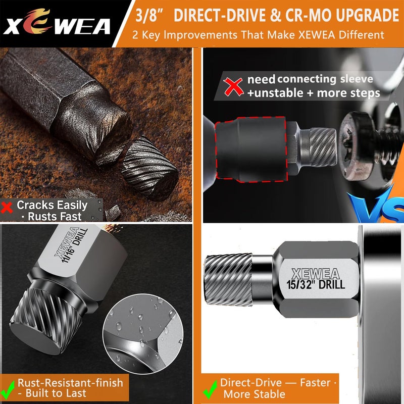 XEWEA 22PCS 3/8" Drive Screw Extractor Set, Multi-Spline Easy Out Bolt Remover Kit for Stripped Broken Bolts, Nuts & Screws, Heavy-Duty CR-MO Extraction Tools with Extension & Adapter Accessories - Image 5
