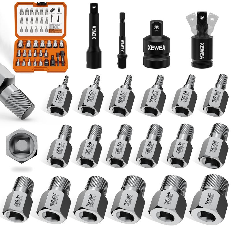 XEWEA 22PCS 3/8" Drive Screw Extractor Set, Multi-Spline Easy Out Bolt Remover Kit for Stripped Broken Bolts, Nuts & Screws, Heavy-Duty CR-MO Extraction Tools with Extension & Adapter Accessories - Image 1