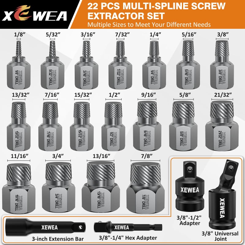 XEWEA 22PCS 3/8" Drive Screw Extractor Set, Multi-Spline Easy Out Bolt Remover Kit for Stripped Broken Bolts, Nuts & Screws, Heavy-Duty CR-MO Extraction Tools with Extension & Adapter Accessories - Image 2