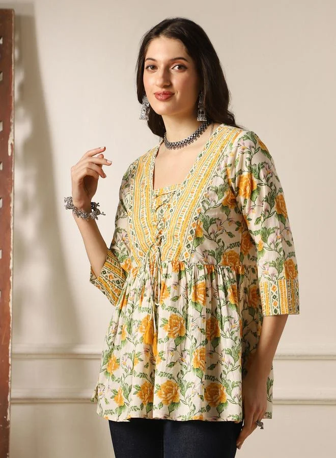 globus V Neck Floral Print Tie-Up Tassel Detail Gathered Tunic