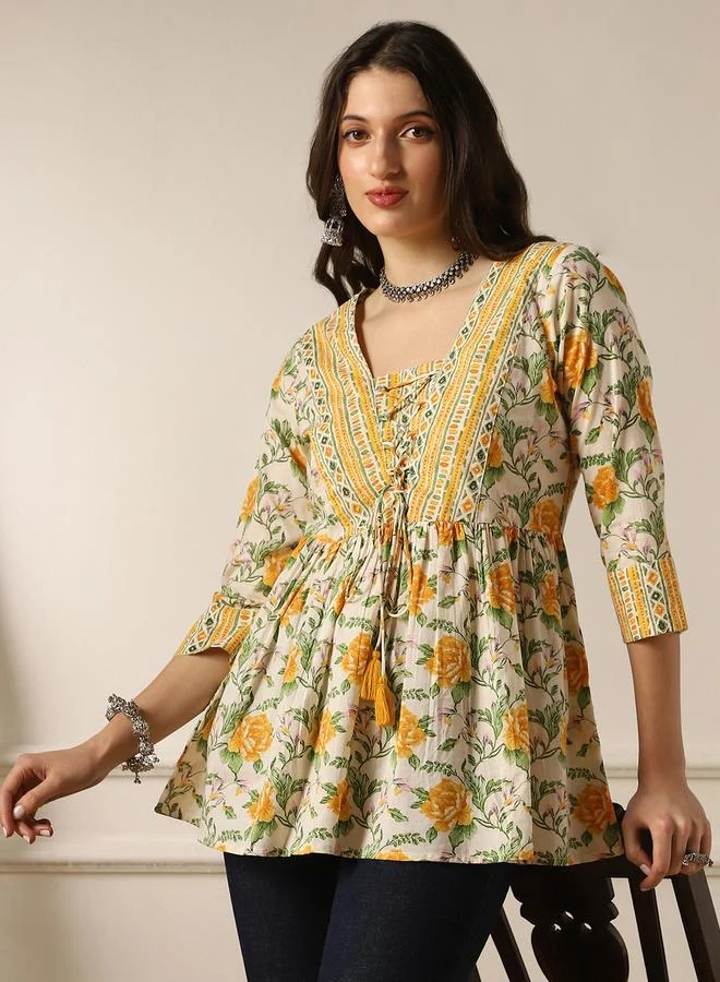 globus V Neck Floral Print Tie-Up Tassel Detail Gathered Tunic