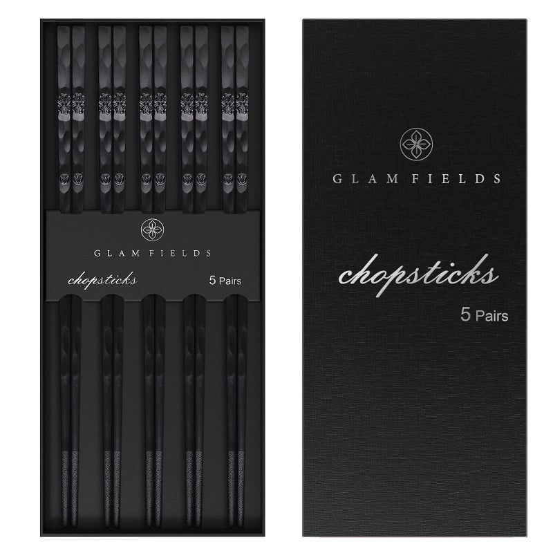 5 Pairs Japanese Fiberglass Chopsticks GLAMFIELDS Reusable Chop sticks Dishwasher Safe Nonslip 9 12 inches  Gift Set Black