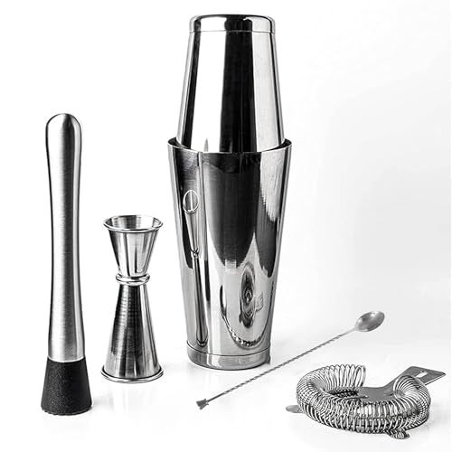 finality Professional 5 Piece Stainless Steel Bar Set for Home -Includes Boston Cocktail Shaker, 30/60ml Peg Measurer, Muddler, Stirrer and Strainer Complete Bar Accessories Kit for Drinks & Mocktails - Image 1