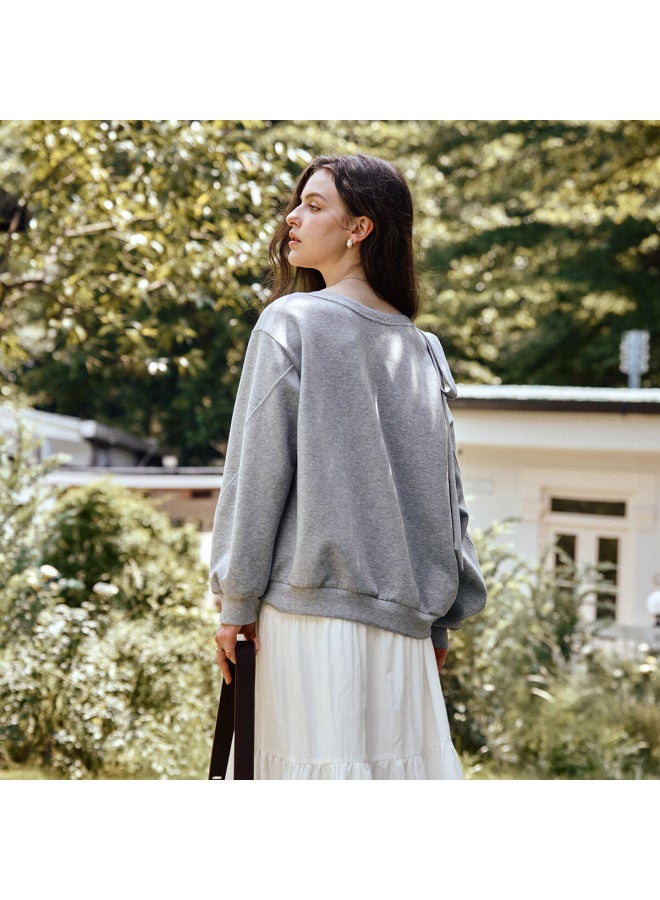 Olrain Casual Gray Design Bowknot Loose Sweatshirt Women's Autumn Top Gray XL - Image 2