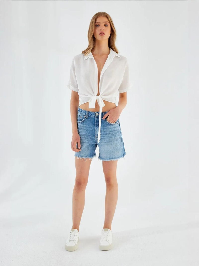 Mixray V-Neck Tie Closure Slim Fit Crop Shirt - Image 3