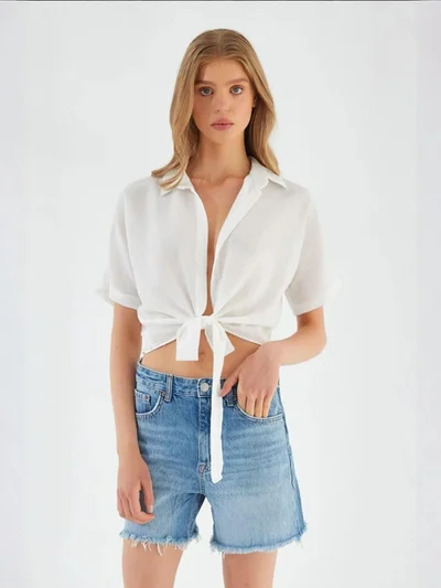 MixRay Mixray V-Neck Tie Closure Slim Fit Crop Shirt